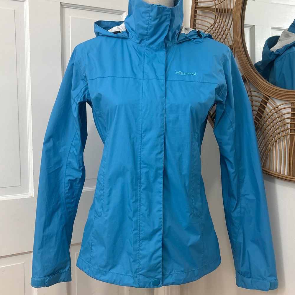 Marmot Rain Jacket Womens XS Blue Nylon Waterproof Vented Sleeves Hooded Hiking